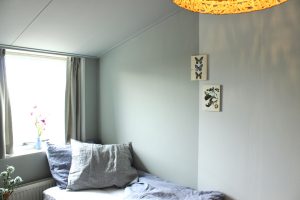 kleine slaapkamer met geschilderde nis op muur en plafond grijs blauw