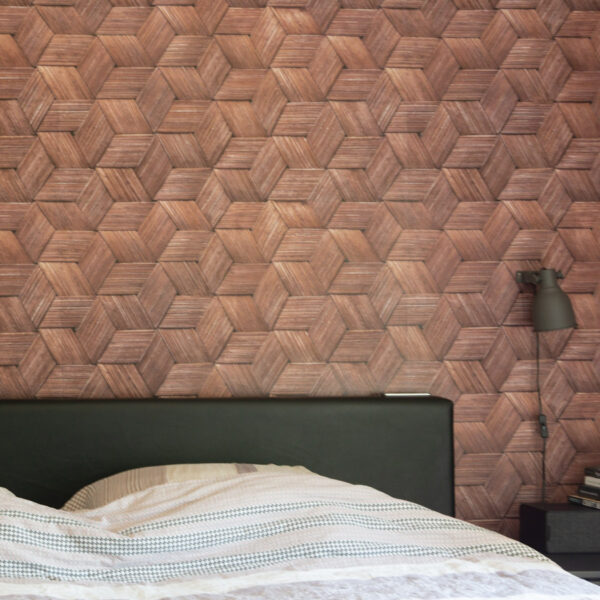 Slaapkamerinspiratie: masterbedroom met behang met 3d effect in bruin